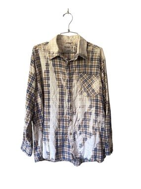 Franklin Flannels Plaid Button-Up Shirt in Beige and Blue Upcycled Size L